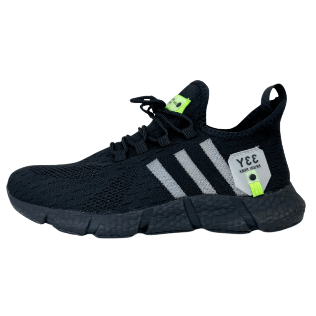 Tênis Volt Racer Unissex - Design Sporty Black com Faixas e Tag Neon