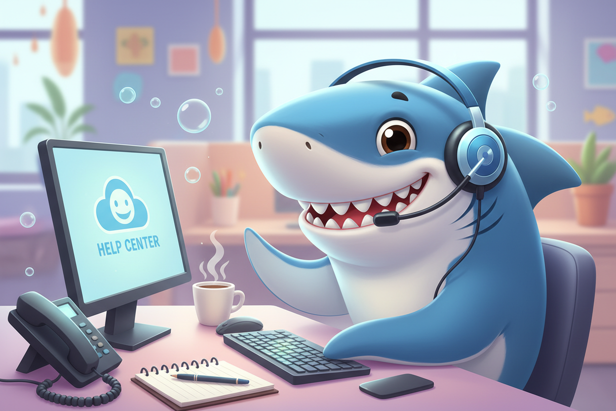 Crie uma imagem de um tubarão de desenho animado realizando atendimento ao cliente