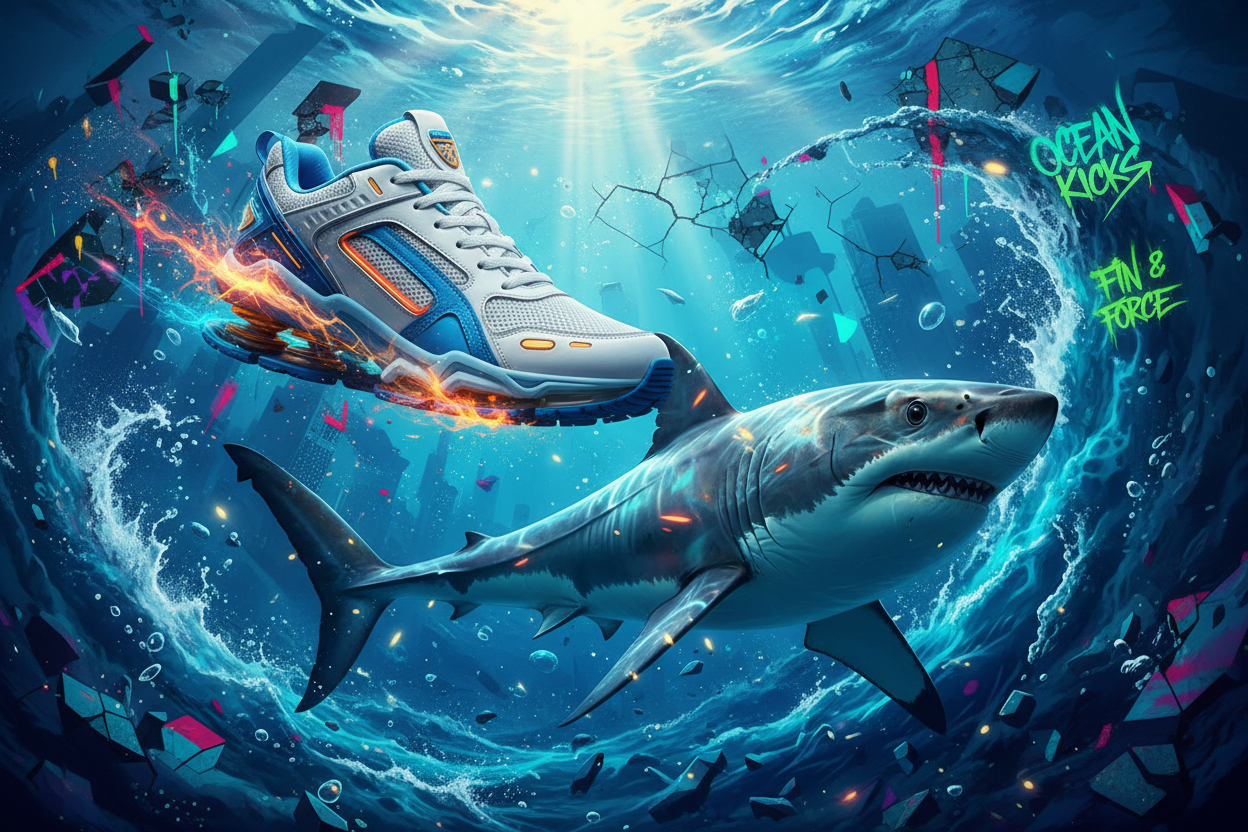 Crie uma imagem de fundo que tenha algo relacionado a snearkers e tubarão